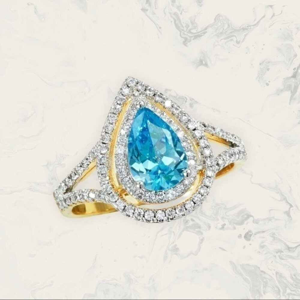 Savvy Cie 18K Gold Plated CZ Halo Pear Cut Laguna Blue Lab Created Sapph…